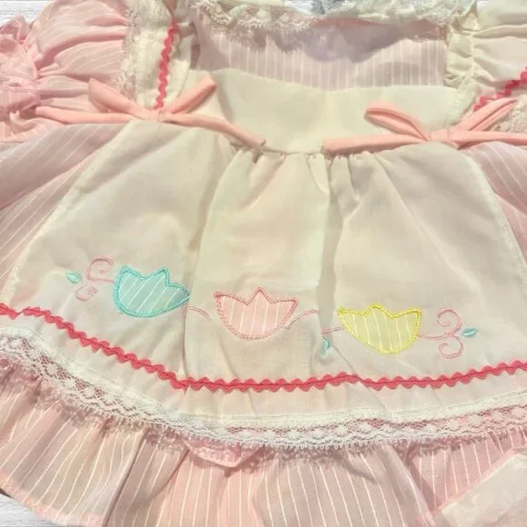 Vintage Cradle Togs Apron Dress With Bloomers Tulips Pink Size 0-6 Months 80s